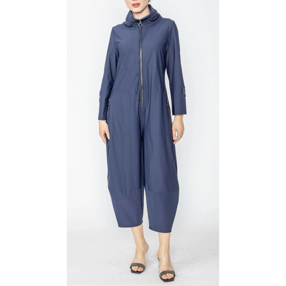IC Collection Navy -Zip Up Front Cropped Long Sleeve Jumpsuit Size S EUC